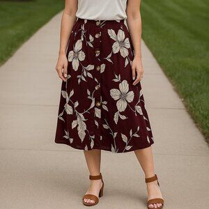 Francesca’s Burgundy Floral Button Midi Skirt